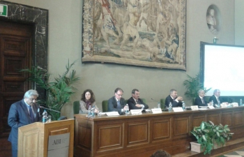 Ambassador delivering a statement at the plenary session of a symposium on 20th April in Rome organized by UNIDROIT on the occasion of the 90th anniversary of its founding.
