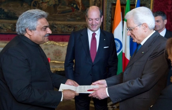 Ambassador of India H.E. Anil Wadhwa presenting his credentials to the President of the Italian Republic H.E. Sergio Mattarella on April 21, 2016