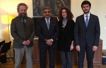 Ambassador meeting with President of Veneto Confindustria, Giordano Riello, Manuela Galante entrepreneur from Veneto engaged in manufacturing of construction equipment for India and Marco Zolli of Ca Foscari University who is also an advisor for the upcoming business delegation from Veneto to India (09.02.2017)