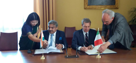Ambassador Anil Wadhwa and Vice Minister of Foreign Affairs of Italy Benedetto della Vedova  signed an agreement on visa exemption for diplomatic passport holders of the two countries at the Ministry of Foreign Affairs of Italy